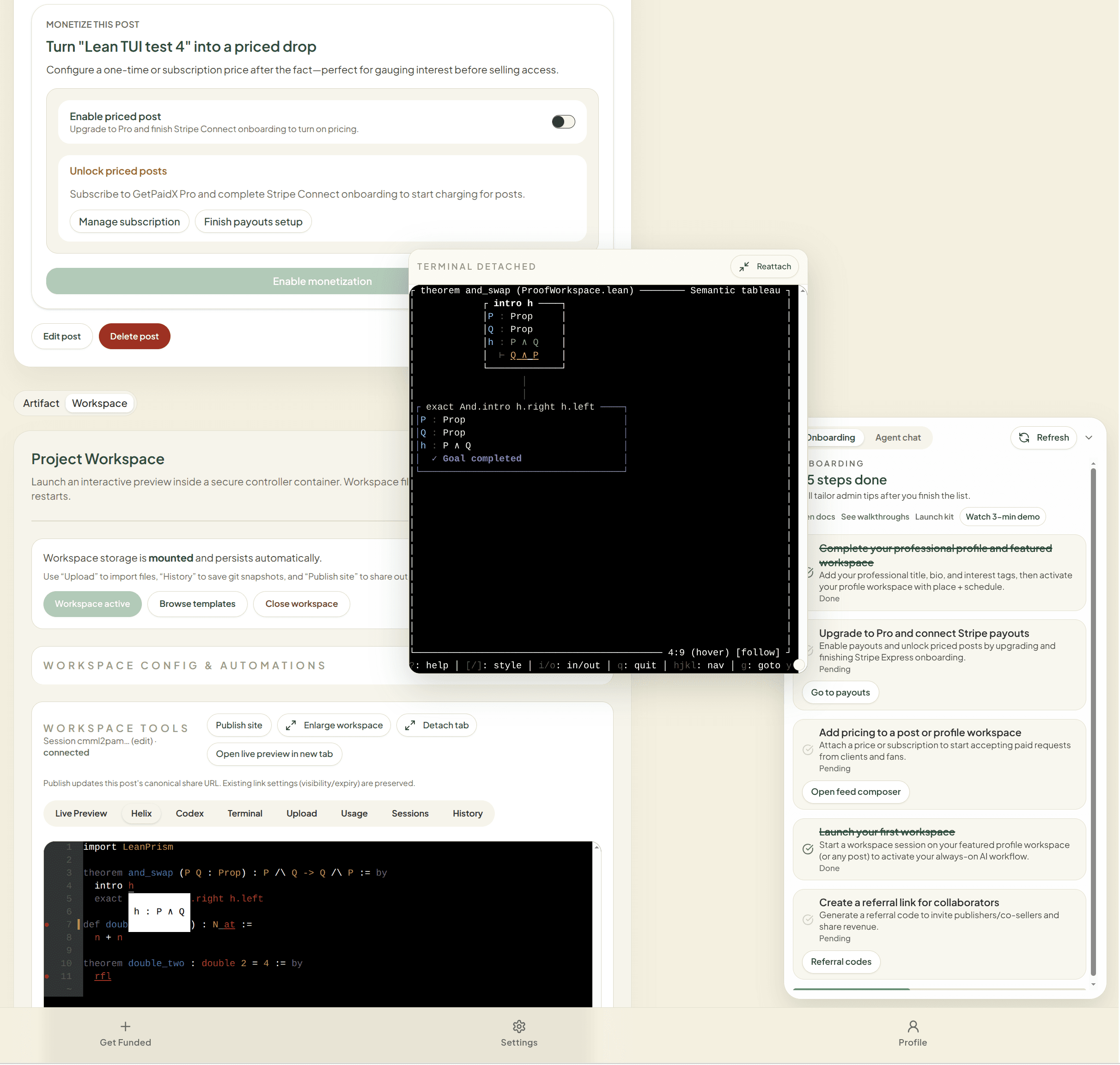 Helix terminal user interface for a Lean workspace running inside the browser