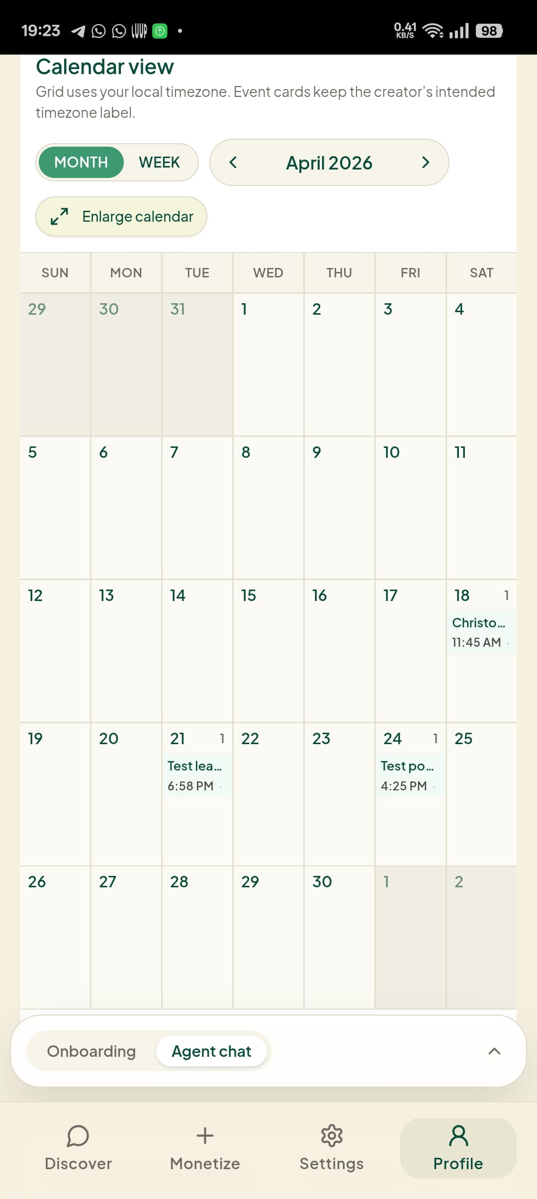 Mobile calendar view of GetPaidX profile posts