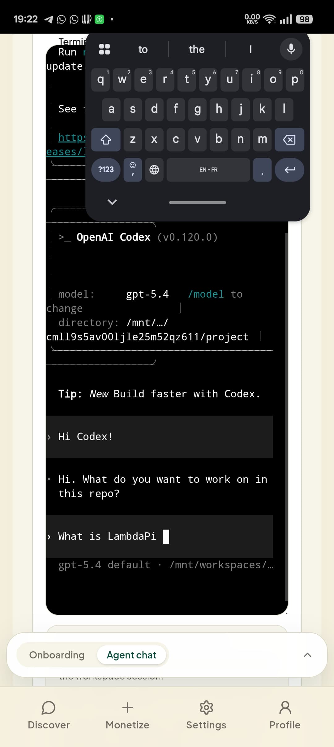 Mobile profile workspace with an interactive Codex terminal