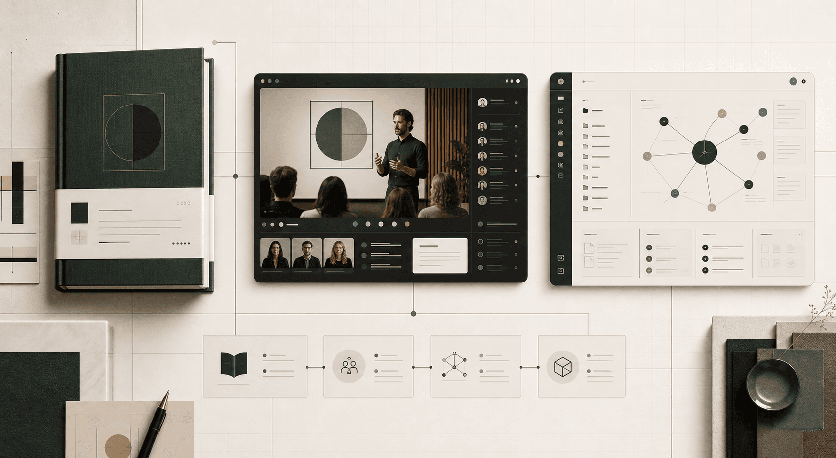 A conceptual publishing system connecting a professional book, live seminar, and persistent AI workspace