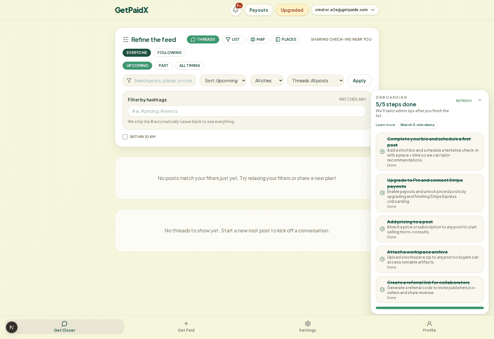Feed showing creator check-ins, filters, and onboarding checklist